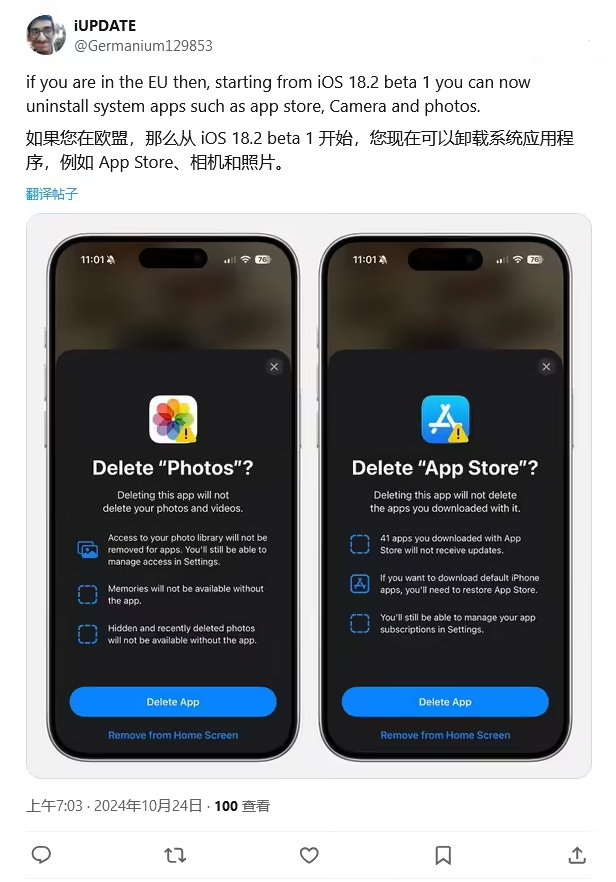 庐阳苹果手机维修分享iOS 18.2 支持删除 App Store 应用商店 